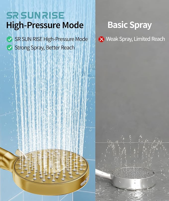 SR SUN RISE Filtered Shower Head with Handheld High Pressure 9 Spray Mode Showerhead Detachable Shower Head Water Softener Filters Beads for Hard Water Remove Chlorine 4 Filters Brushed Gold