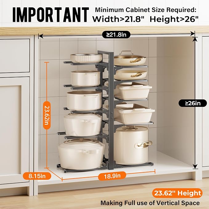 MUDEELA 10-Tier Pots and Pans Organizer under Cabinet, 23.62" Height Heavy Duty Pot and Pan Organizer Kitchen Cabinet Organization and Storage, Adjustable Pot Rack for Frying Pan, Cast Iron Skillet