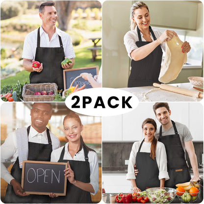 BeLuyi 2 Pack Adjustable Bib Apron with 2 Pockets Chef Cooking Kitchen Restaurant Aprons for Women Men (Black Pinstripe)