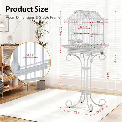 58" Vintage Scrolled Bird Cage - Heavy-Duty Metal with Rust-Resistant Coating, Parrot Cage with Slide-Out Tray, Stand, Perch & Bowls, Victorian Bird Aviary for Cockatiel, Parakeet, Finch & Lovebird