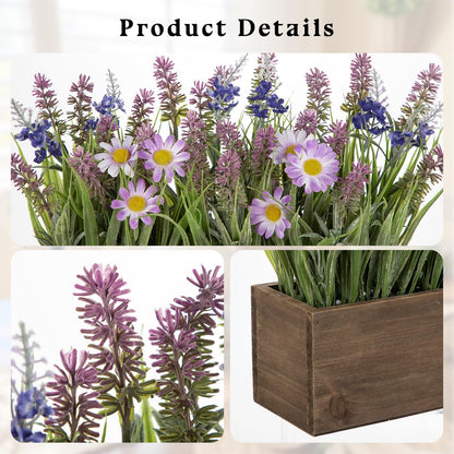 Artificial Lavender Flowers Arrangement in Rectangular Wood Planter Box, 10.6" Fake Potted Lavender Flowers with Daisies, Faux Lavender Plant for Centerpieces, Window Sill, Shelf, Home & Office Decor