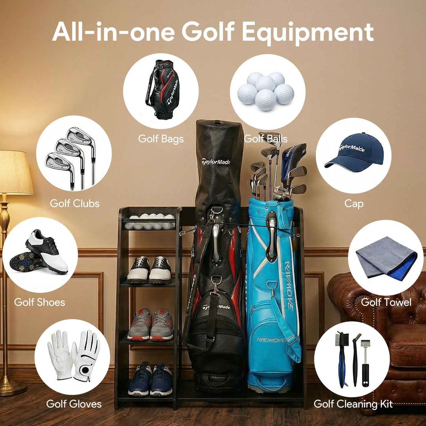 Ponsonbay Golf Bag Storage Organizer for Garage Holds 2 Golf Bags