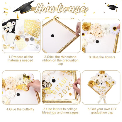 Wavwavw 63 Pcs DIY Graduation Cap Decorations Kit Include Faux Flowers 3D Butterfly Bow Self Adhesive Rhinestones and Alphabet Letter Stickers for 2026 Grad Cap Topper Decor Graduation Party(White)
