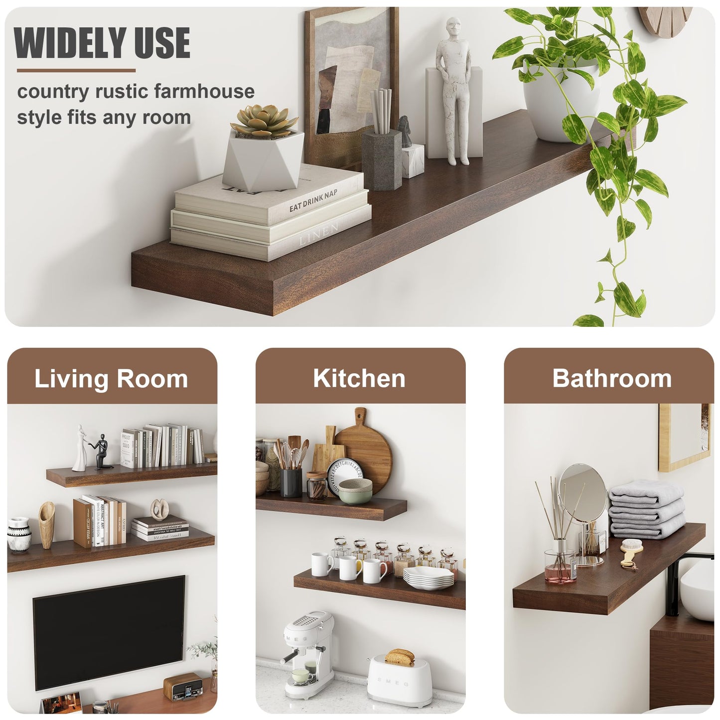 Floating Shelves for Wall, USA-Sourced Walnut Wood 48 Inch Long Wall Shelves, Natural Wooden Wall Mounted Picture Ledge Shelf, Nursery Book Storage Shelf Kids Bookshelf, Display Shelf for Bathroom