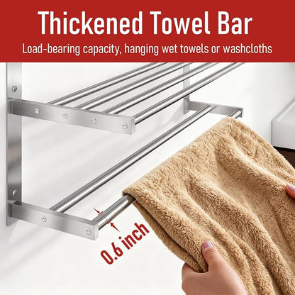 Towel Rack with Shelf 24 inch, 3 Tier Towel Racks for Bathroom Wall Mounted, Stainless Steel Bathroom Shelf with Double Towel Bars, Hotel Bath Towels Storage, Brushed Nickel