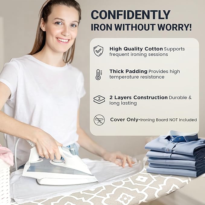Ironing Board Cover and Pad 18"x49" Extra Thick Natural Cotton, Scorch and