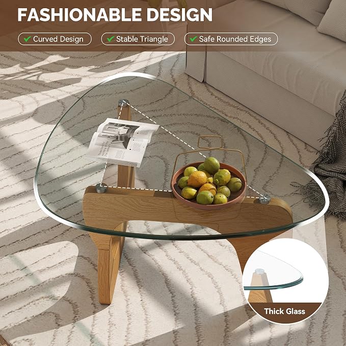 Modern Glass Coffee Table, Triangle Center Table with Tempered Glass Top& Unique Wooden Base, 35.5” Mid Century Tea Tables for Living Room, Apartment, Office,Wood &Transparent