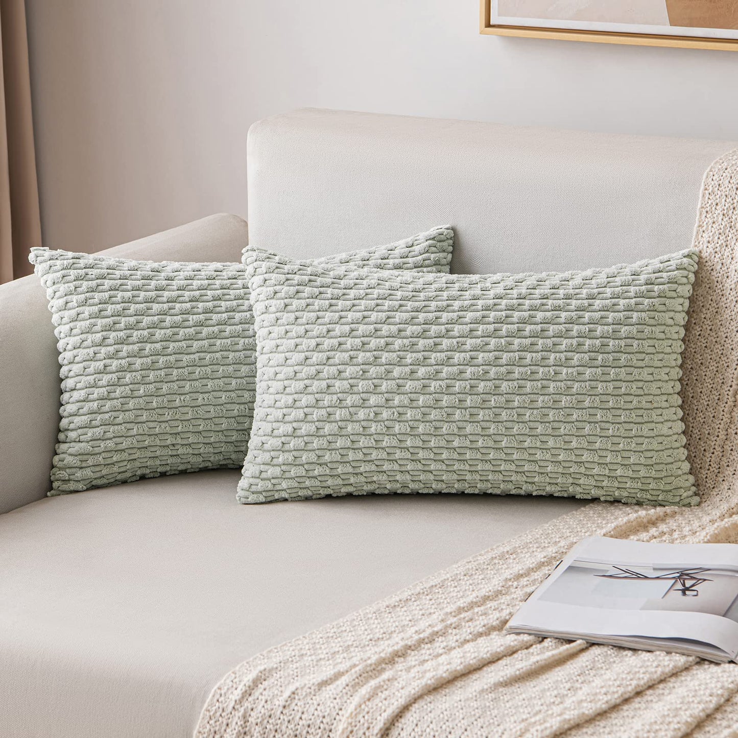 MIULEE Pack of 2 Decorative Throw Pillow Covers 18x18 Inch Soft Boho Striped Textured Corduroy Pillow Covers Modern Farmhouse Home Decor for Couch Bed Sofa Living Room Cream White
