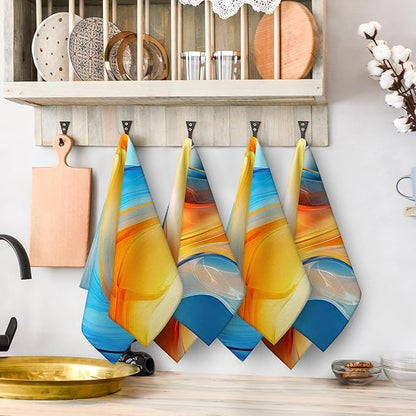 Orange Blue Kitchen Dish Towels Set of 4, Soft Absorbent Marble Decorative Tea