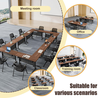 Folding Conference Room Table, Modern Conference Tables with Wheels for Office Classroom,Flip-Top Training Table Water-Resistant P2 Particle Board & Anti-Corrosion Alloy Frame (2, Walnut-Small, 47.2)