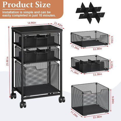 Sbanmao Rolling File Cart with 3 Drawers, File Cabinet with DIY Divider, Hanging Folder Holder Organizer with Wheels, Under Desk Storage Utility Cart, Printer Stand for Home Office, Black