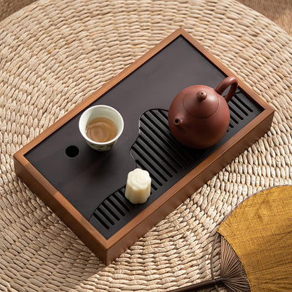 Bamboo Tea Tray & Table Set - Chinese Gongfu Tea Serving Tray with Tea Brush, Compact & Portable (11.8 Inch)