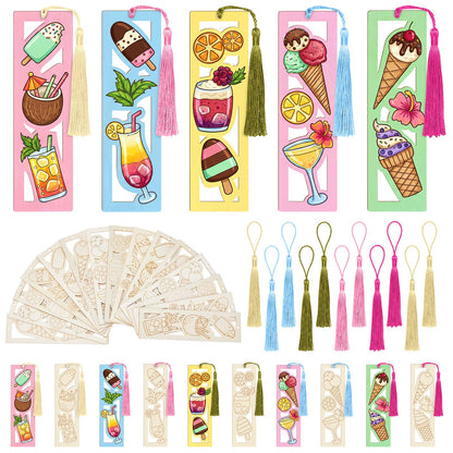 Yexiya 200 Pcs Ice Cream Color Your Own Bookmarks Kit, Summer DIY Coloring Blank Wooden Bookmarks, 100 Set Unfinished Bulk Hollow with Tassel Craft for Classroom Activities Birthday Party Favors Gift