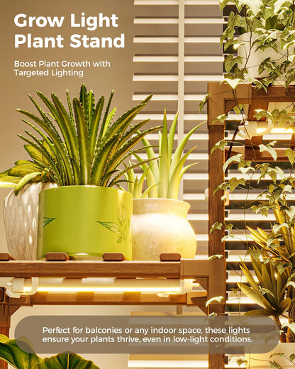 Bamworld Plant Stand with Grow Lights Indoor Outdoor 11 Tier Tall Large Wood Plant Shelf Multi Tier Flower Stands Garden Shelves Wooden Plant Display Holder Rack for Living Room Corner