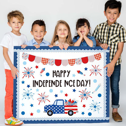 JarThenaAMCS 74Pcs Happy Independence Day Bulletin Board Kit Patriotic Red Blue Star Paper Cutouts with 100Pcs Glue Points 4th of July DIY Craft Art Decor for 250th Anniversary School Home Party