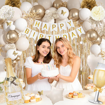 Ouddy Life White Gold Birthday Party Decorations Kit for Women Girls, Happy Birthday Banner, Sand White Metallic Gold Foil Confetti Balloons, Fringe Curtain, Cake Topper, Pompoms, Butterfly Supplies