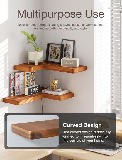 BATODA Acacia Wood Corner Floating Shelves 17" x 12"– Corner Shelf Wall Mounted - Floating Book Shelves for Wall - Brackets and Shelving Hardware Included for Kitchen, Living Room, Bathroom (Set 2)