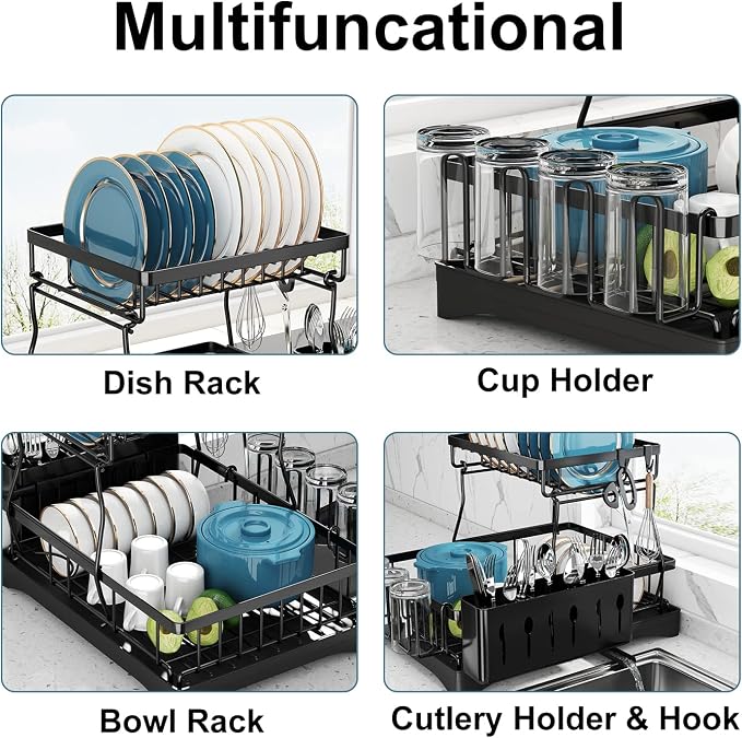 Dish Drying Rack, 2 Tier Dish Racks for Kitchen Counter, Large Stainless Steel Kitchen Dish Drying Rack with Drainboard, Detachable Dish Drainers with Utensil Holders