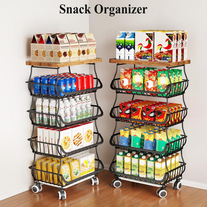 SAYZH Fruit Basket Kitchen Pantry Organizers and Storage - Wooden Top Table, Stackable Metal Wire Basket Stand Cart for Fruit Vegetable Snacks Onion Potato Organization (Black, 5 Tiers)