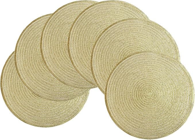 SHACOS Gold Glitter Round Placemats Set of 6 Bling Circle Place Mats Washable Table Mats for Christmas Holiday Party Wedding Shower Table Decor (6, Gold)