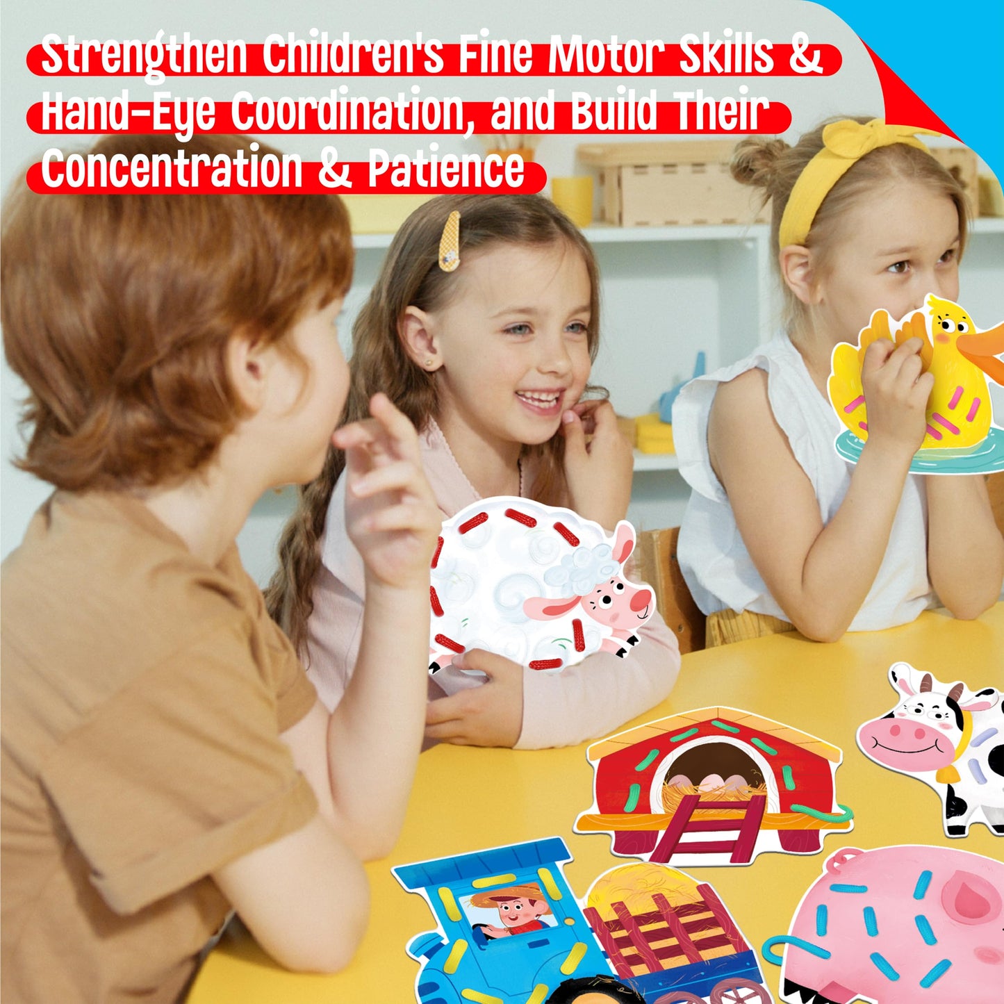 SpriteGru 9 PCS Farm Theme Lacing Cards, 9 Double Sided Sewing Cards with 9 Colorful Laces, Imagination Development Lacing Toys Educational and Learning Activity for Preschoolers, Kids