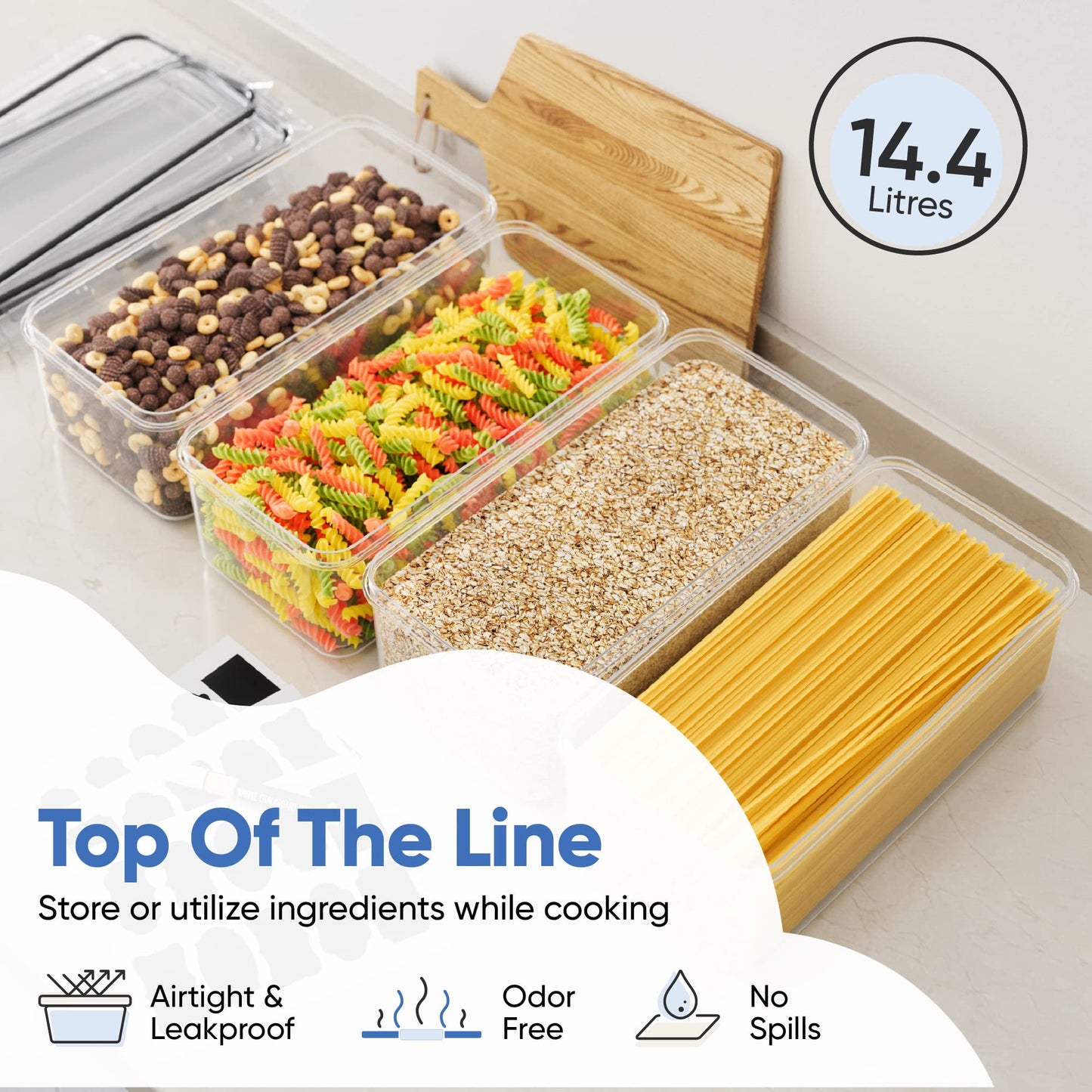 Chef's Path Airtight Food Storage Containers with Lids (Set of 4/3.6 Liters Each), Plastic Spaghetti Container for Pasta & Dry Food Storage, BPA Free Pantry Organizer Set with Kitchen Accessories