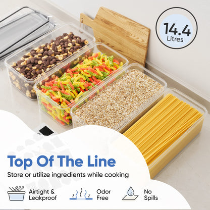 Chef's Path Airtight Food Storage Containers with Lids (Set of 4/3.6 Liters Each), Plastic Spaghetti Container for Pasta & Dry Food Storage, BPA Free Pantry Organizer Set with Kitchen Accessories