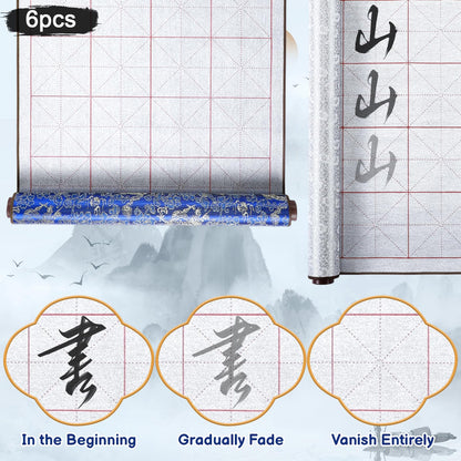 Jaloro 6 Pcs Chinese Calligraphy Cloth Set Magic Writing with Water Canvas No Ink Scroll Canvas Reusable Calligraphy Practice Kit with Brush Pen Plastic Dish Gift for Beginners Home School