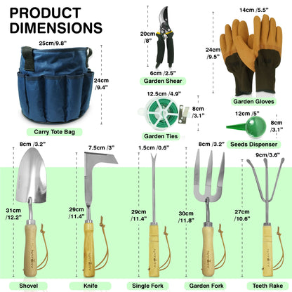 Natury Garden Tools Set – Premium Stainless Steel Gardening Hand Tools with Solid Beechwood Handle – Gardening Kit with Rake, Shovel, Gloves, Shears, Tool Organizer – Garden Gifts for Women and Men