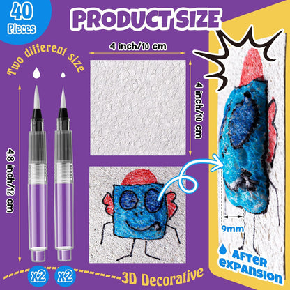 Wonderjune 20 Pcs Christmas Foam Texture Painting Paper for Craft, Magical Foam Texture Paper Sheet with Water Brush Pen, Handicraft Blank Painting Sheet for 3D Craft DIY Art Supplies (Square)