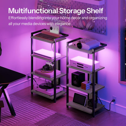 HOOBRO 4-Tier AV Media Stand, Media Console with Charging Station and LED Light, Wooden Stereo Cabinet, Corner TV Stand, Record Player, Entertainment Device Stand, BG38UDCJ01