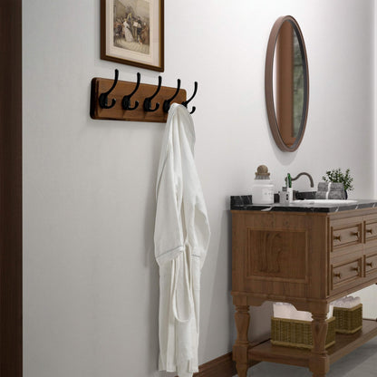 Dseap Wall Mounted Coat Rack: Patented, Heavy-Duty, 17.4" Long 5-Double-Hooks Wooden Hanger Rail for Winter Coats, Hat, Jacket, Clothing - Natural & Black