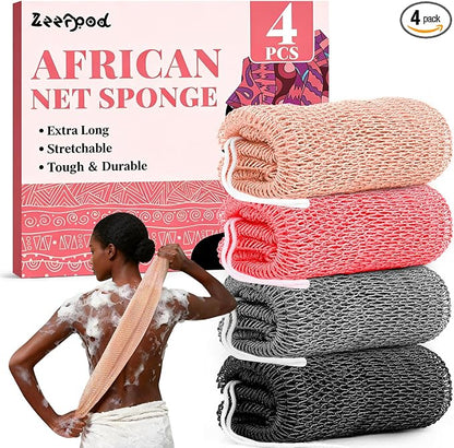 African Net Sponge Authentic-4 Packs African Exfoliating Net Sponge,Bath Sponges for Shower,42 inch Long for Normal to Sensitive Skin,Body Exfoliator Shower(Pink,Neon Pink,Light Gray,Black)