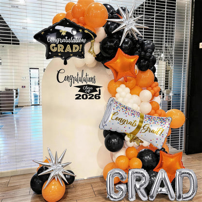 Orange Graduation Balloons Garland Arch Kit, 117PC Orange Black White Graduation Star Print Certificate Grad Foil Balloon with Silver Explosion Star Balloon for Graduate Class of 2026 Prom Party Decor