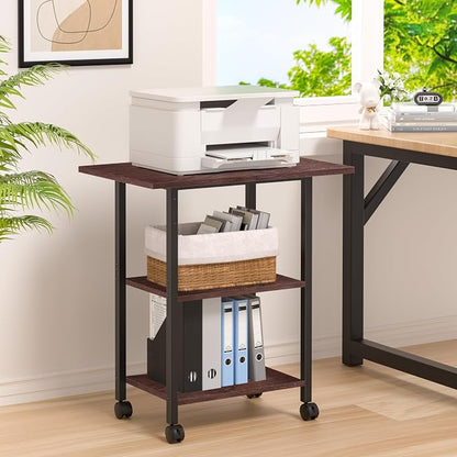 Lerliuo 3-Tier Printer Stand, Industrial Mobile Printer Table with Storage Shelf and Steel Frame, Rolling Printer Cart Holder with Lockable Wheels for Home, Office (Walnut)