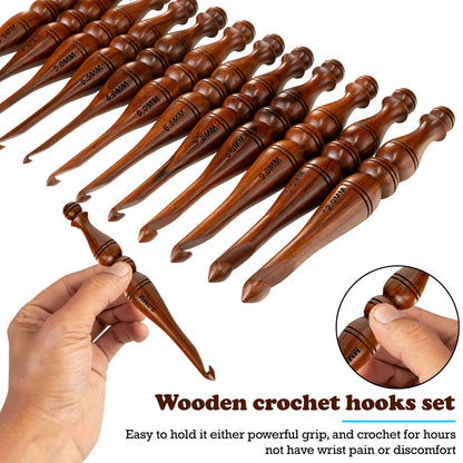 Bhartiya Handicrafts Wooden Crochet Hooks Set, 12pcs Ergonomic Knitting Needles - Rosewood, 3.5mm(E) to 12mm(P) - Includes Holder