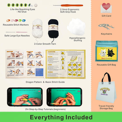 LuNuaFvy Crochet Kit for Beginners Kids & Adults - Complete Animal Starter Kit to DIY 2 Cute Amigurumi Dragons, Easy-Follow Book & Video Tutorial (4hr), Soft Yarn, 2 Bags(Gift & Storage)