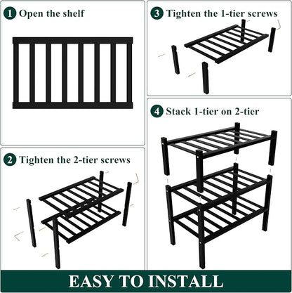 Smiry Small Bamboo Shoe Rack, 3 Tier Free Standing Wooden Shoe Organizer, Stackable Wood Shoe Storage Shelf for Closet, Entryway, 12 Vertical Slats, 2+1 Stack Standard Legs, 17.3"x11"x19.5", Black