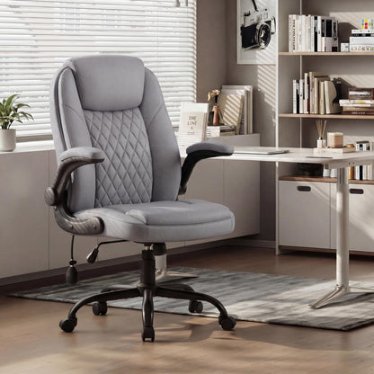 MALOL Leather Office Chair, Computer Desk Chair with Adjustable Lumbar Support, Thick Cushion, Flip-Up Arms and Ergonomic Back, Comfy Executive Office Chair for Home Office Gaming,Grey