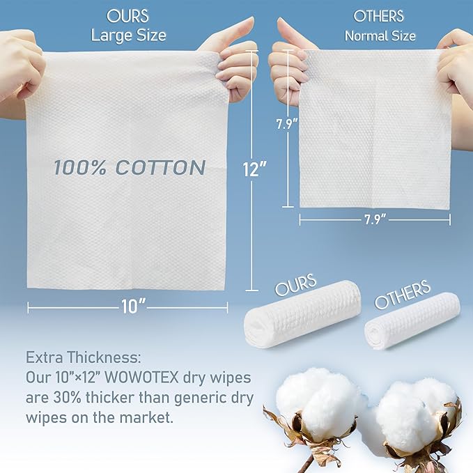 100% Cotton Disposable Face Towel 200 Count 10x12 Inch | Biodegradable Thick
