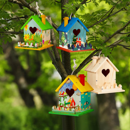 Juexica 4 Pack Wooden Birdhouse Kit DIY Buildable Bird House with Paint and Paintbrushes Art and Crafts Painting Kits for Boys Girls Adults Classroom Projects Gift Birthday Outdoor Craft(Heart)