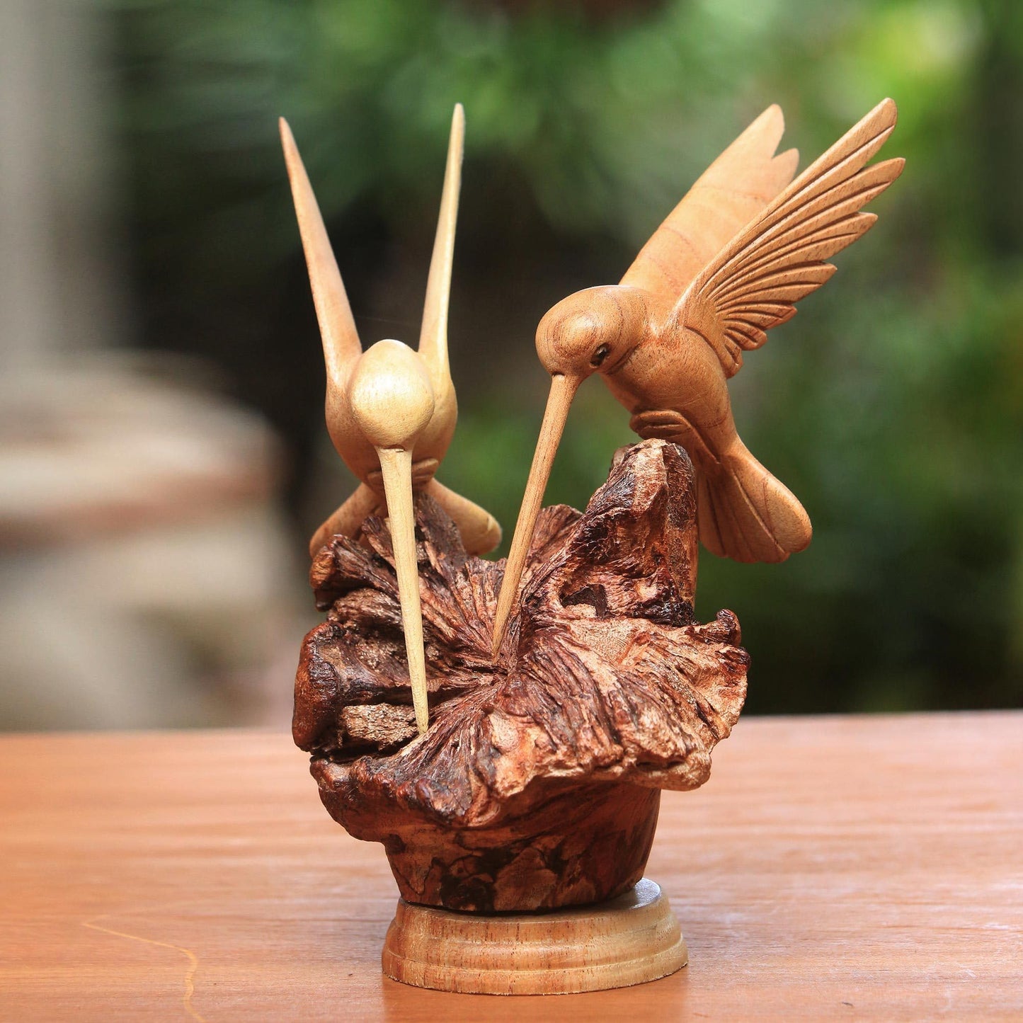 NOVICA Artisan Crafted Handcarved Wood Sculpture | Hummingbird Figurine Decor | Sustainable Animal Themed | Benalu & Jempinis Wood | NAT Geo Decoration | Indonesia ' Hummingbird Couple' 7.5" H x 6" W