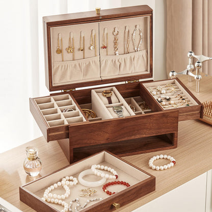 Homruilink Wooden Jewelry Box for Women, 3 Level Multi-functional Drawers Black Walnut Jewelry Organizer Box, Watch, Necklace, Ring, Earring Storage, Fathers Day Gift (With Mirror B)