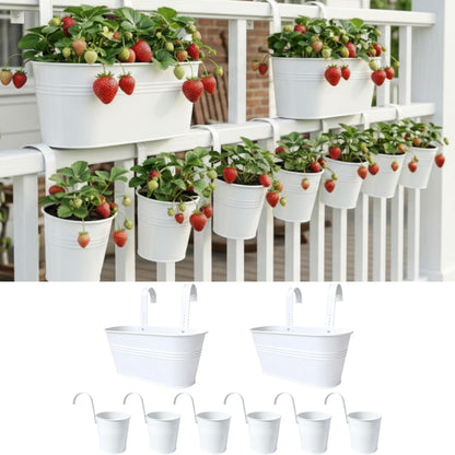 LaLaGreen 11.8 Inch Rail Planter (8-PIECE Combo Set) White Metal Railing Fence Hanging Planters for Outdoor Plants, Modern Balcony Gardening for Apartment Garden Style Iron Patio Flower Pots Deck