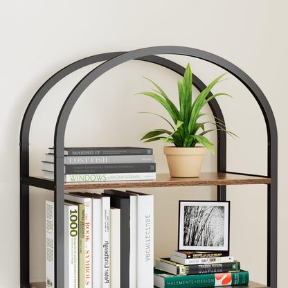 Homhedy 5-Tier Bookshelf Arched Display Racks, Wood and Metal Bookcase, Tall Bookshelf, Industrial Display Standing Shelf Unit, for Home Office, Living Room, Bedroom, Bathroom, Rustic Brown