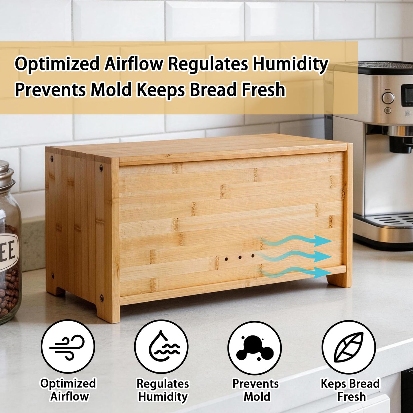 EQEY Bamboo Bread Box for Kitchen Countertop,Large Bread Storage Container with window,Modern Bread Storage Bin for Homemade Bread Organizer (Single Layer)