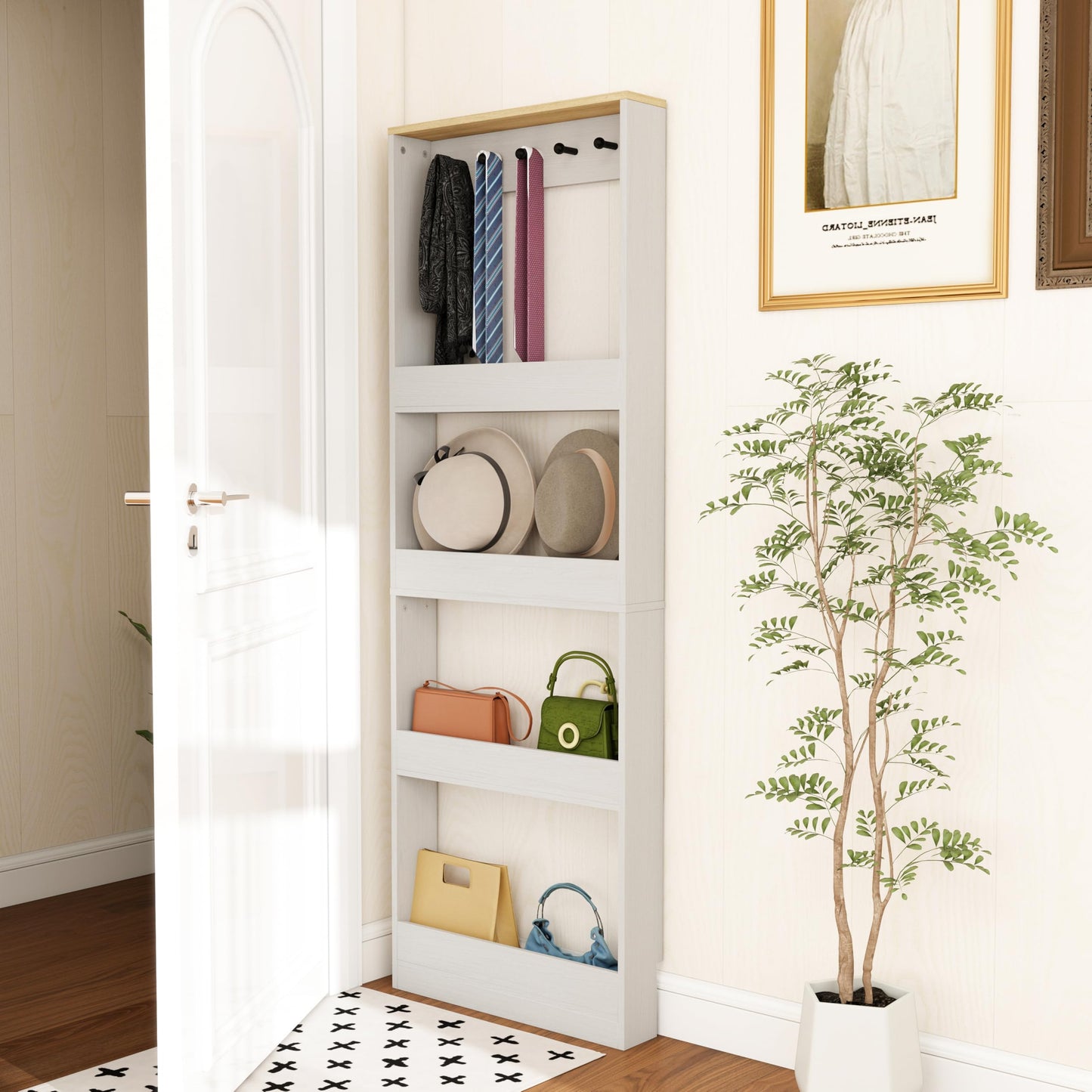 Locsear Behind the Door Bookshelf - Ultra Slim Hidden Storage Cabinet for Kids Room | 4-Tier White Wooden Bookcase with Hooks