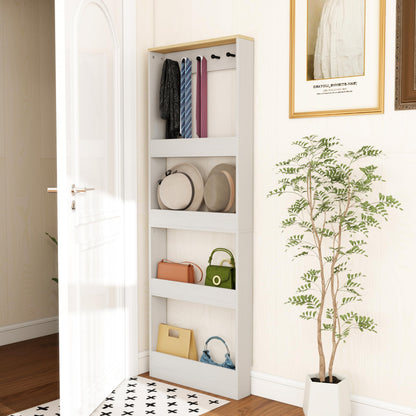 Locsear Behind the Door Bookshelf - Ultra Slim Hidden Storage Cabinet for Kids Room | 4-Tier White Wooden Bookcase with Hooks