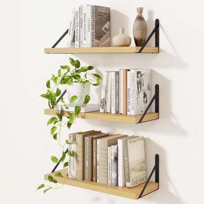 Feihorrm Book Shelf Set of 3, 16 inch Wall Mounted Bookshelf with Metal Brackets, Wall Shelves, Oak Book Shelves, Shelves on Wall, Wooden Bookshelves for Bedroom & Living Room