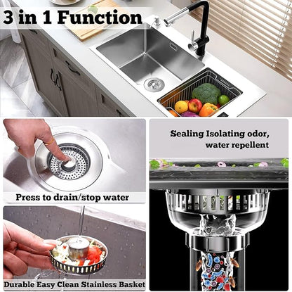 Upgraded 3 in 1 Kitchen Sink Drain Strainer Stopper, Brushed Stainless Steel